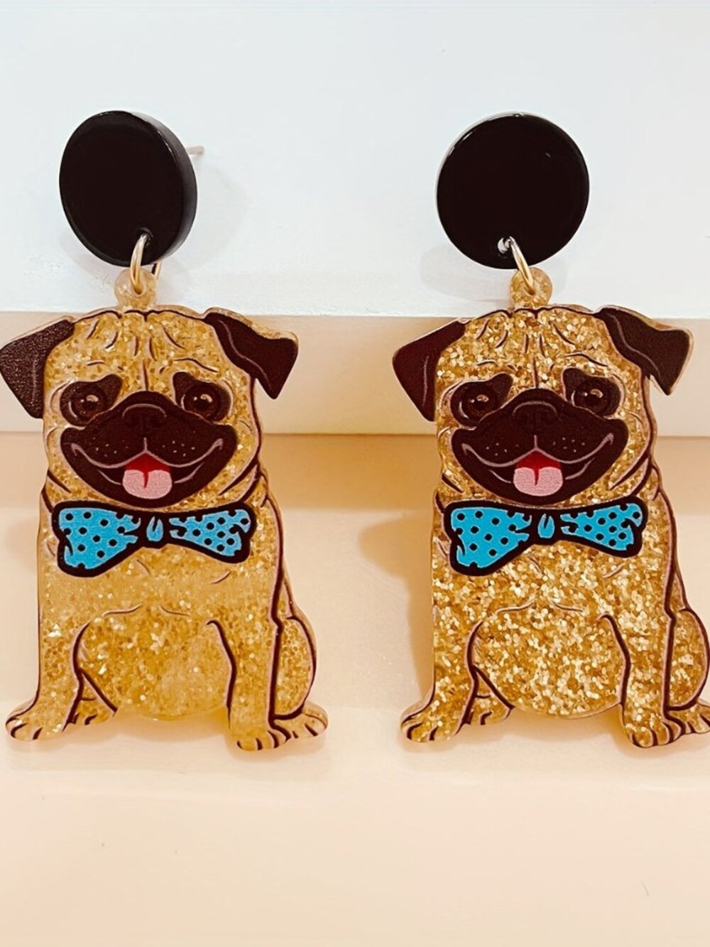 Pug Dog Glitter Dangle Earrings Bling Bling Acrylic Jewelry